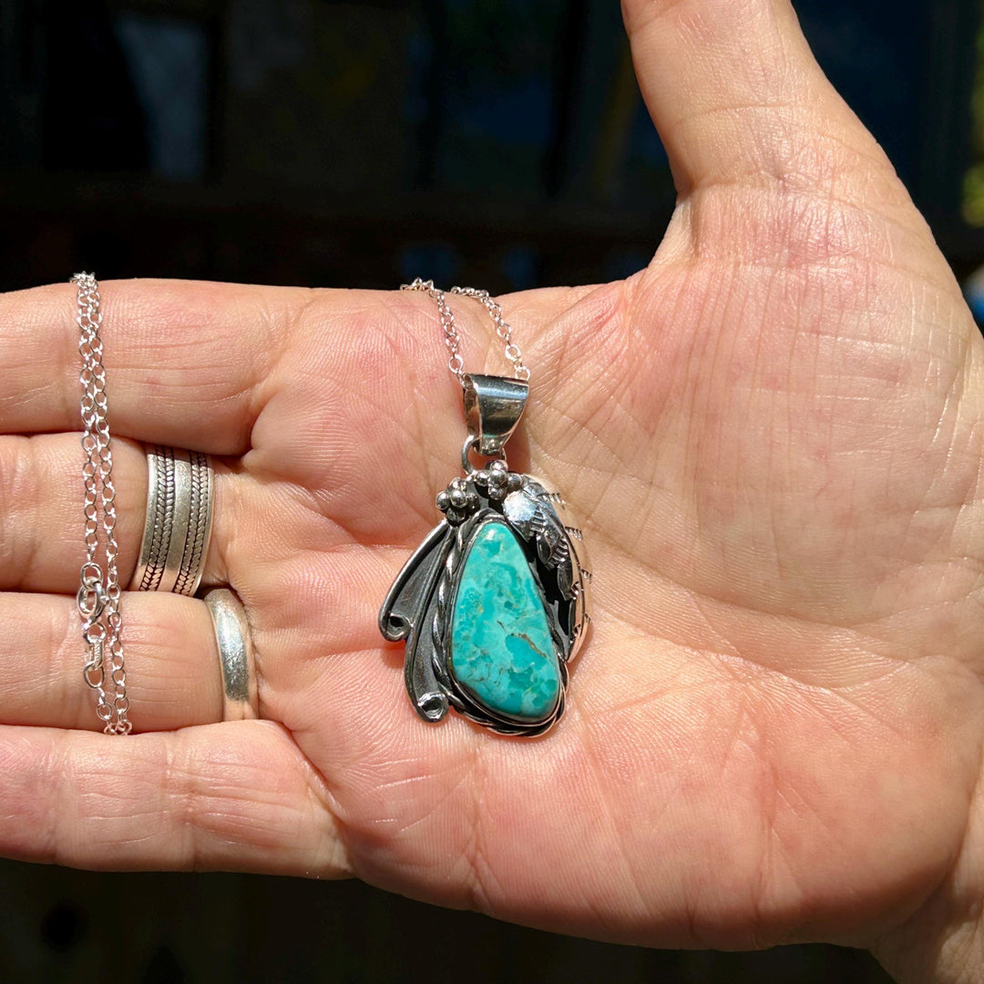 Turquoise Feather Pendant Necklace:  Sterling Chain, Southwestern Design