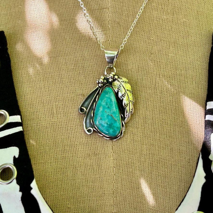 Turquoise Feather Pendant Necklace:  Sterling Chain, Southwestern Design
