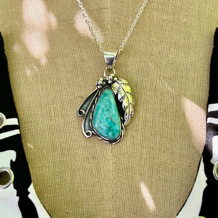 Turquoise Feather Pendant Necklace:  Sterling Chain, Southwestern Design