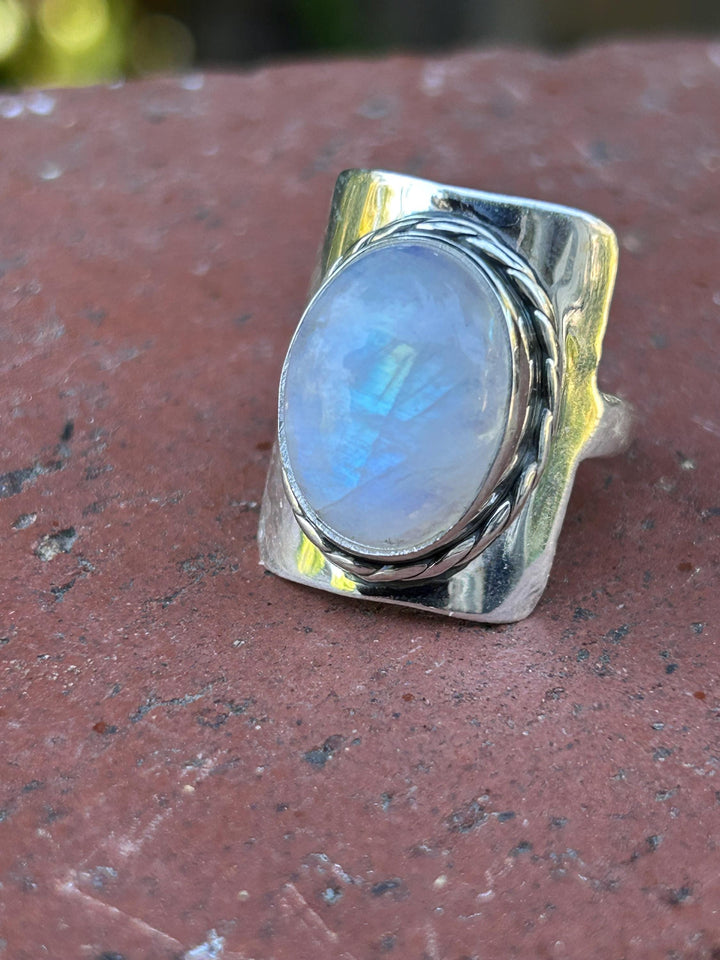 Sterling Silver Rainbow Moonstone Ring: Boho Statement Jewelry