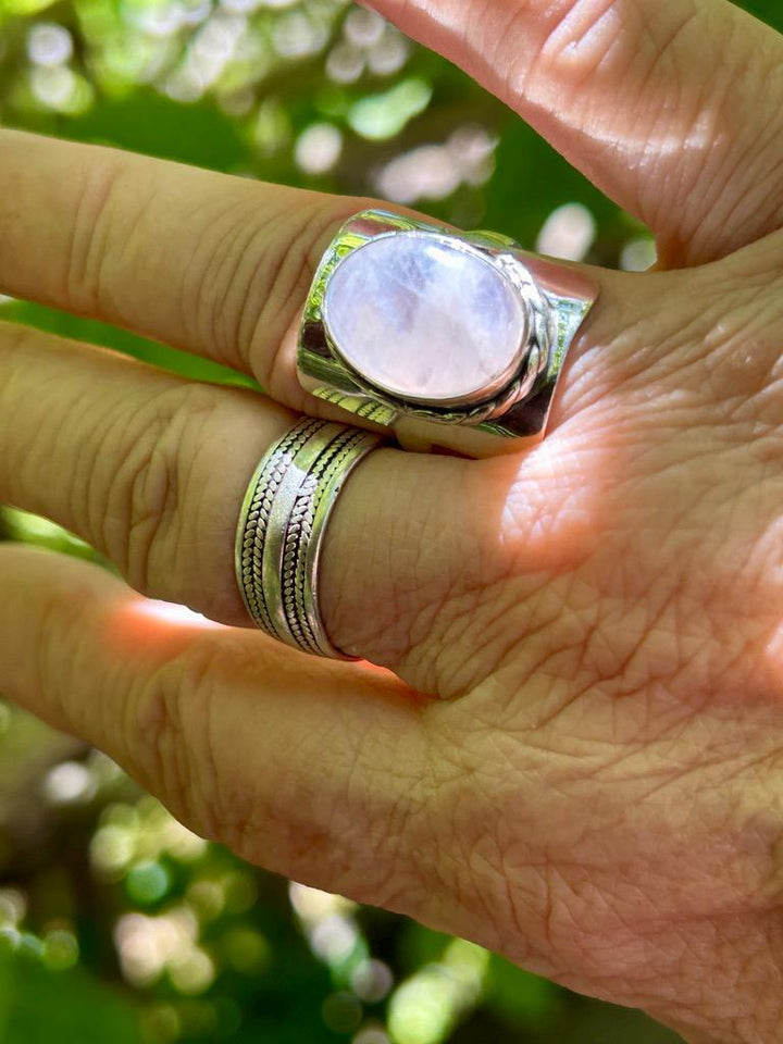 Sterling Silver Rainbow Moonstone Ring: Boho Statement Jewelry
