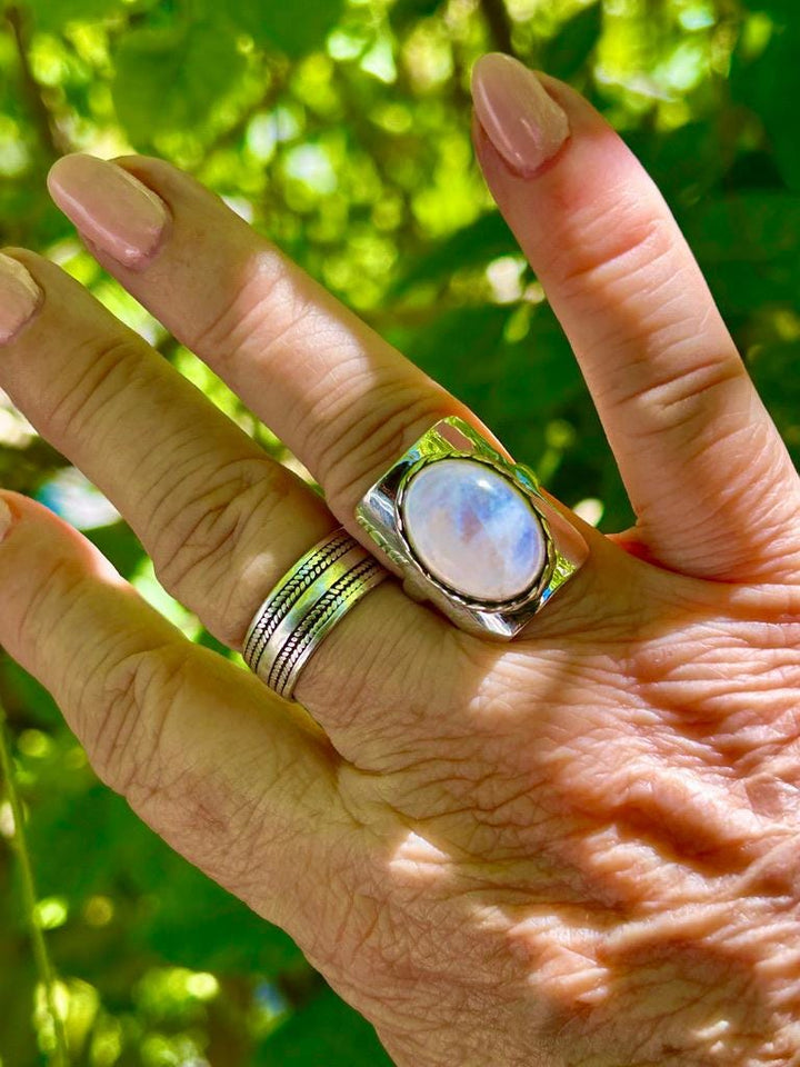 Sterling Silver Rainbow Moonstone Ring: Boho Statement Jewelry