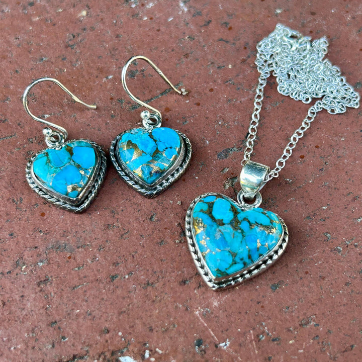 Turquoise Copper Matrix Heart Pendant & Earrings Set-Sterling Silver