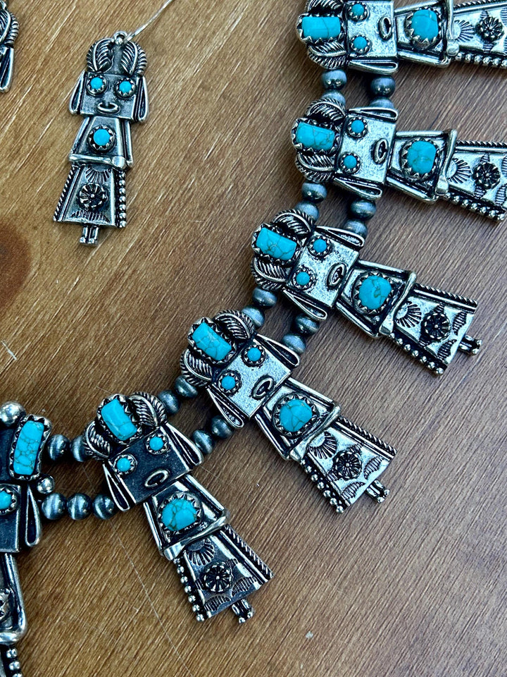 Turquoise Kachina Squash Blossom Necklace with Earrings Set: Southwestern Style