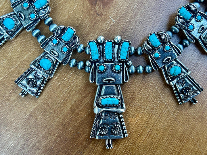 Turquoise Kachina Squash Blossom Necklace with Earrings Set: Southwestern Style