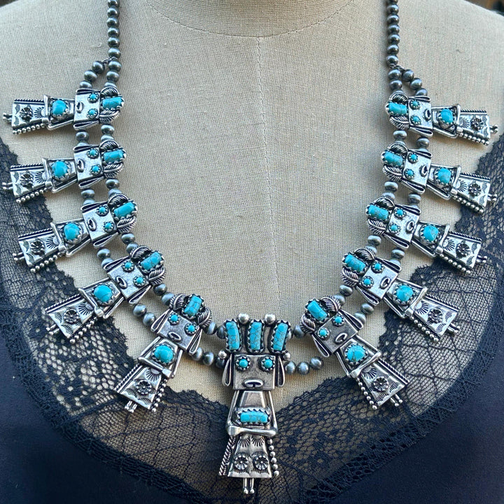 Turquoise Kachina Squash Blossom Necklace with Earrings Set: Southwestern Style