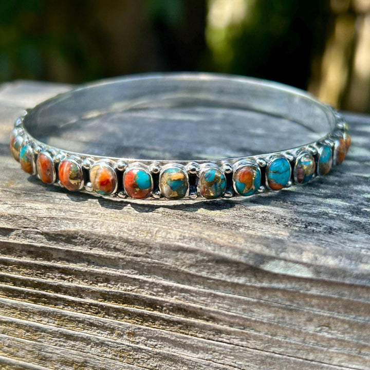 Spiny Oyster and Turquoise Silver Bangle Turquoise All Around Bangle Southwestern Style Bracelet Rare find