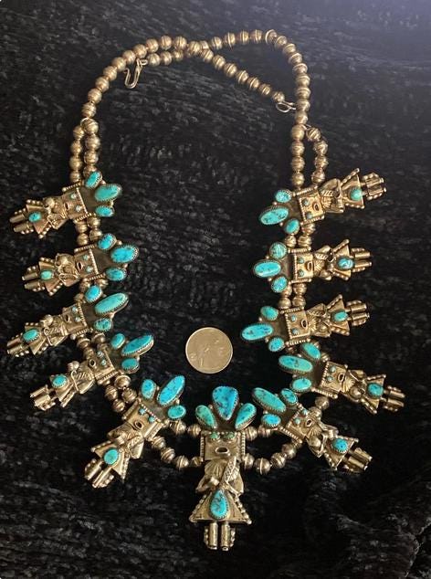 Turquoise Kachina Squash Blossom Necklace with Earrings Set: Southwestern Style