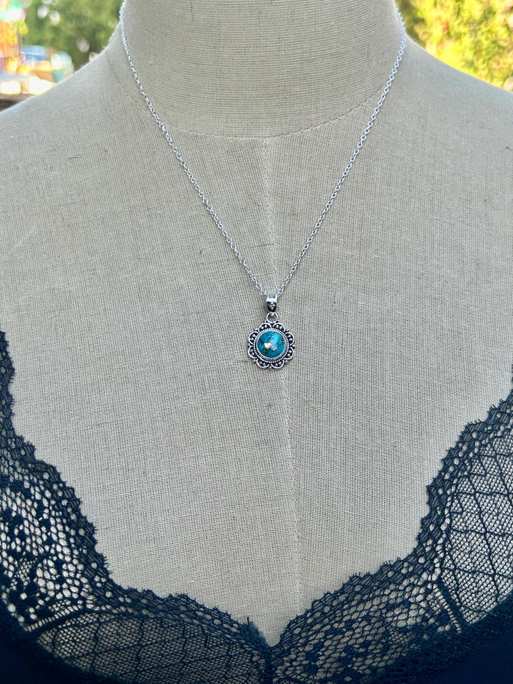 Dainty Copper Turquoise Necklace: Sterling Silver Scrollwork Pendant