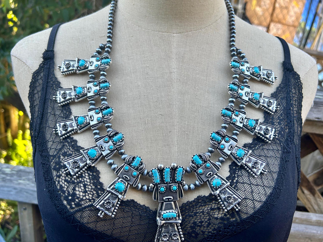 Turquoise Kachina Squash Blossom Necklace with Earrings Set: Southwestern Style
