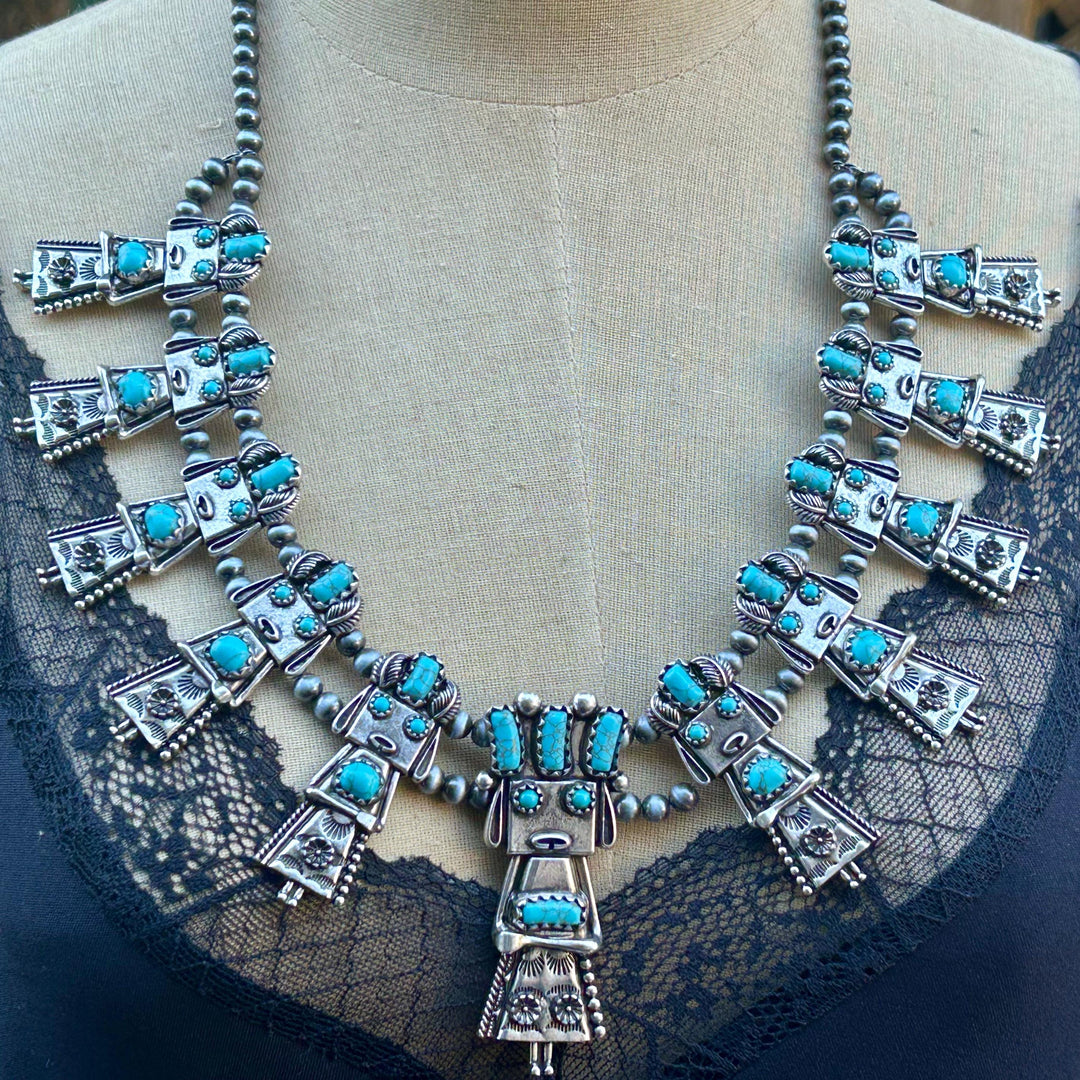Turquoise Kachina Squash Blossom Necklace with Earrings Set: Southwestern Style
