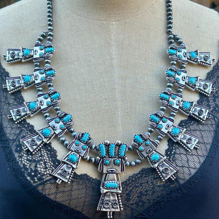 Turquoise Kachina Squash Blossom Necklace with Earrings Set: Southwestern Style