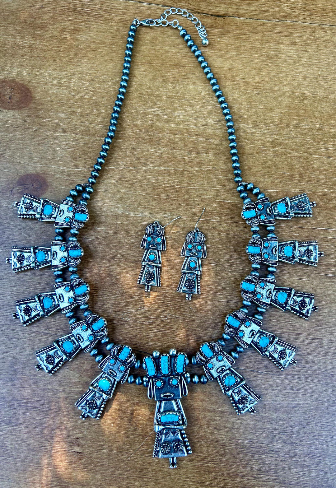 Turquoise Kachina Squash Blossom Necklace with Earrings Set: Southwestern Style