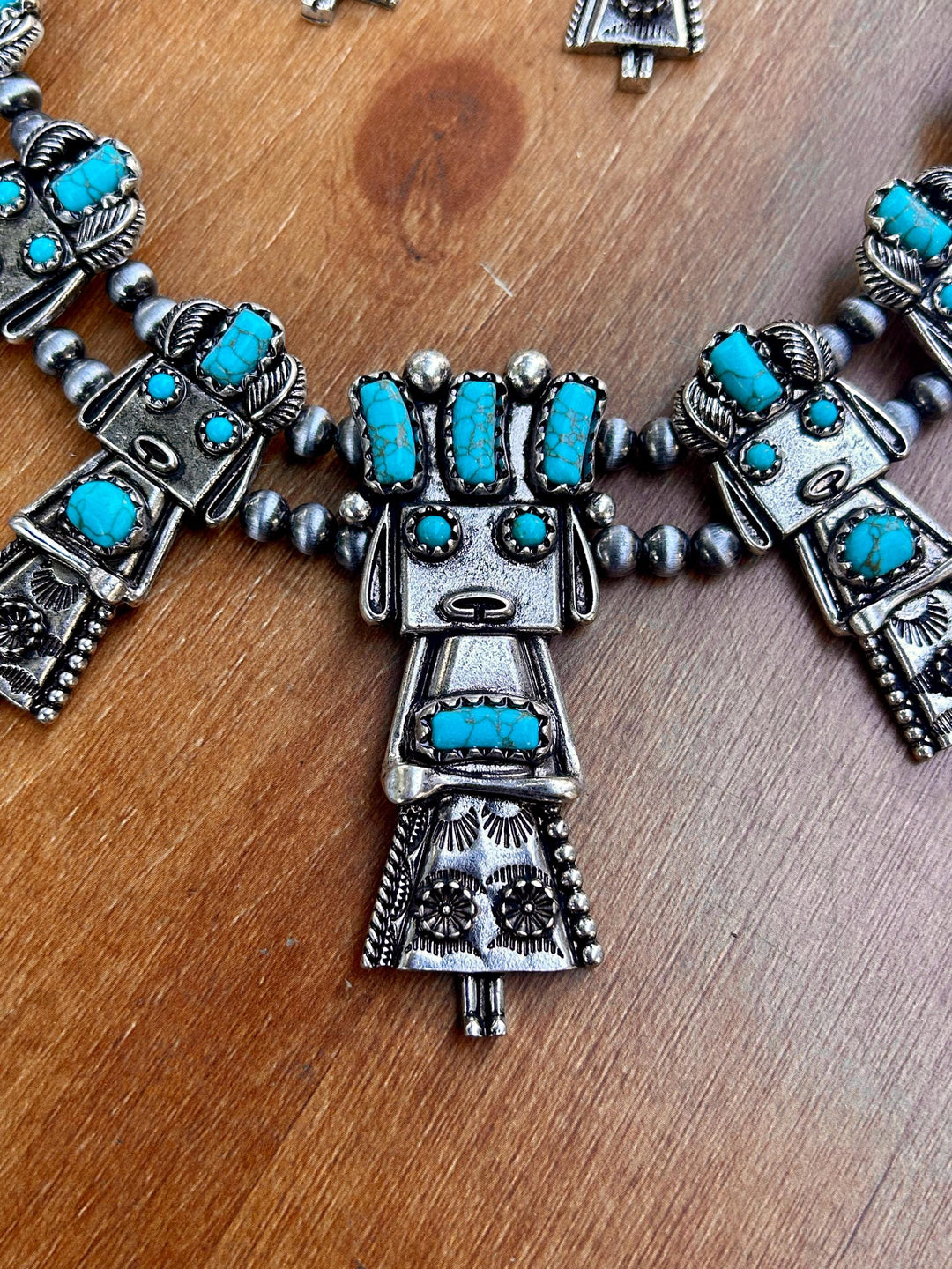 Turquoise Kachina Squash Blossom Necklace with Earrings Set: Southwestern Style