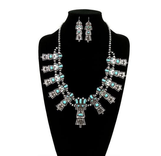 Turquoise Kachina Squash Blossom Necklace with Earrings Set: Southwestern Style