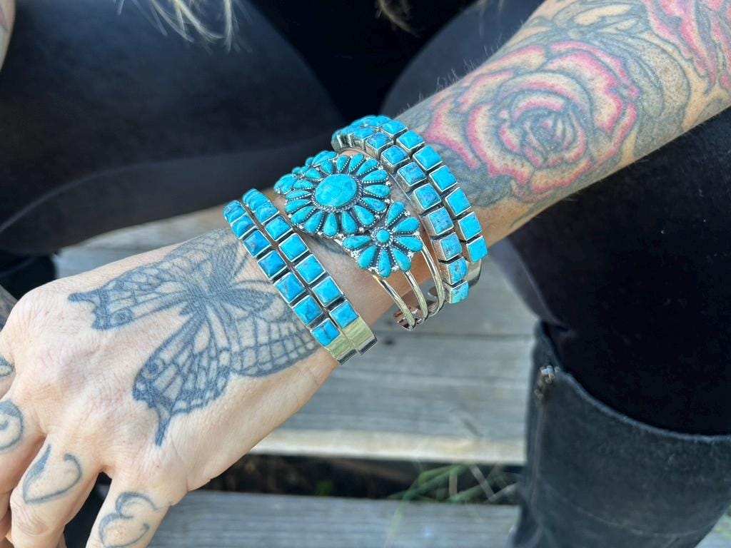 Genuine Turquoise Cluster Bracelet 925 Sterling Silver Cuff Bracelet Adjustable Bracelet Turquoise Cluster Cuff