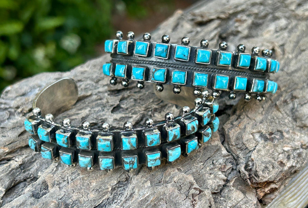 Kingman Turquoise 2 Row Vintage Cuff Sterling Silver Turquoise Bracelet