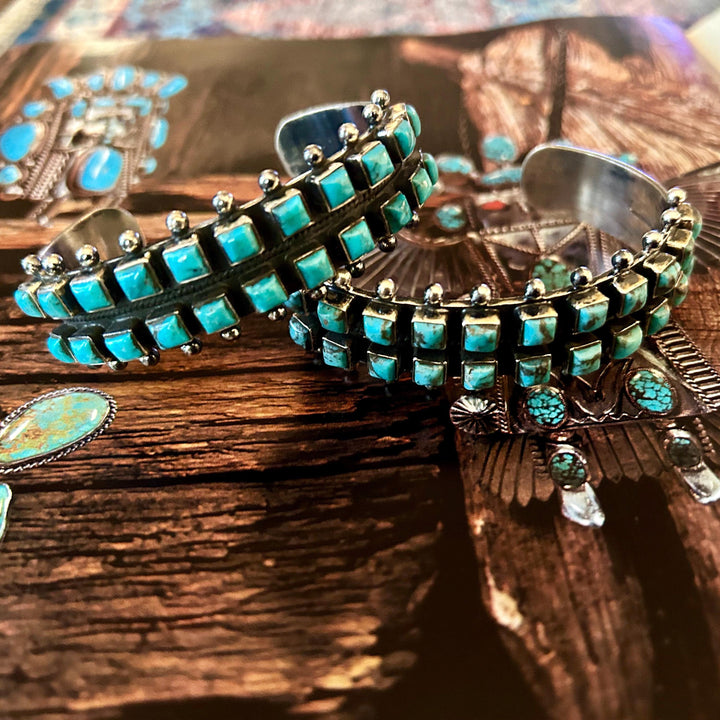 Kingman Turquoise 2 Row Vintage Cuff Sterling Silver Turquoise Bracelet