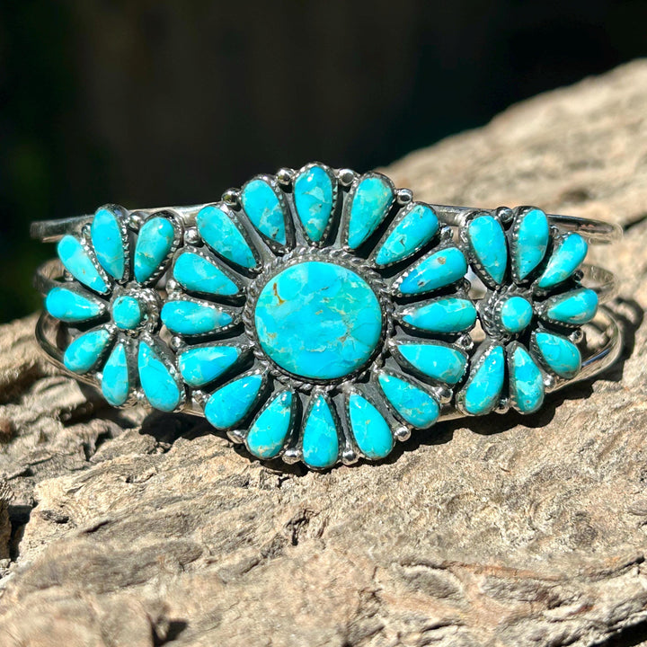 Genuine Turquoise Cluster Bracelet 925 Sterling Silver Cuff Bracelet Adjustable Bracelet Turquoise Cluster Cuff