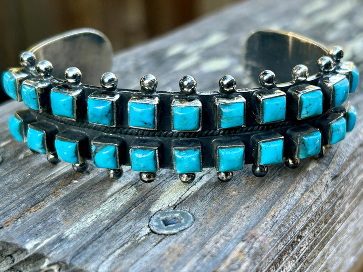 Kingman Turquoise 2 Row Vintage Cuff Sterling Silver Turquoise Bracelet