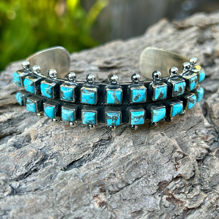 Kingman Turquoise 2 Row Vintage Cuff Sterling Silver Turquoise Bracelet