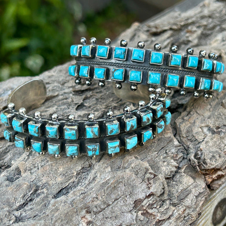 Kingman Turquoise 2 Row Vintage Cuff Sterling Silver Turquoise Bracelet
