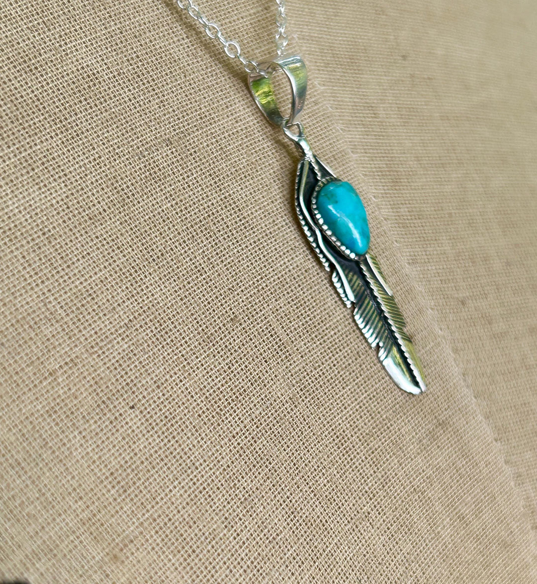 Turquoise Feather Necklace: Sterling Silver Pendant, Beachy Surf Style