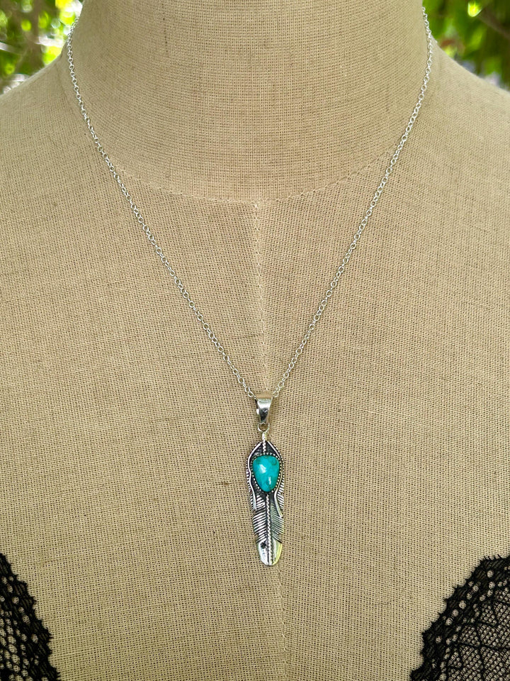 Turquoise Feather Necklace: Sterling Silver Pendant, Beachy Surf Style