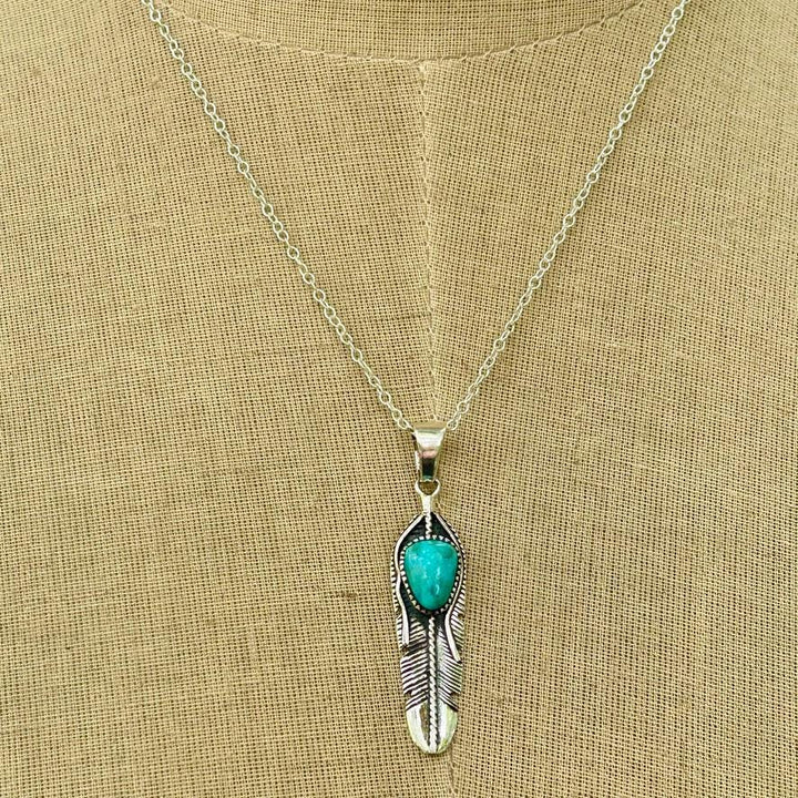 Turquoise Feather Necklace: Sterling Silver Pendant, Beachy Surf Style