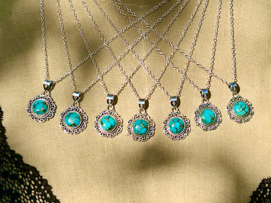 Dainty Copper Turquoise Necklace: Sterling Silver Scrollwork Pendant