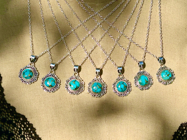 Dainty Copper Turquoise Necklace: Sterling Silver Scrollwork Pendant