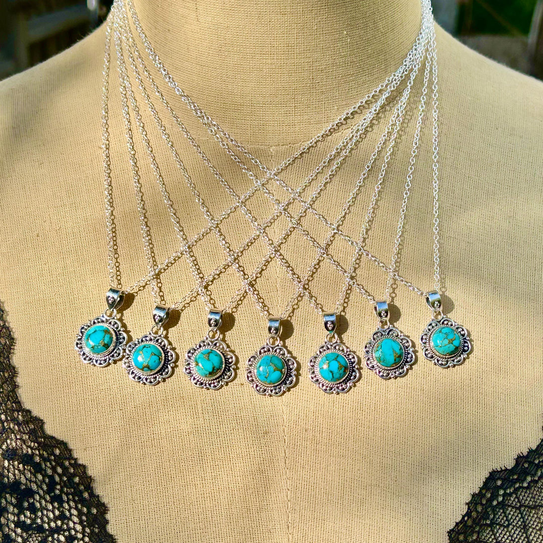 Dainty Copper Turquoise Necklace: Sterling Silver Scrollwork Pendant