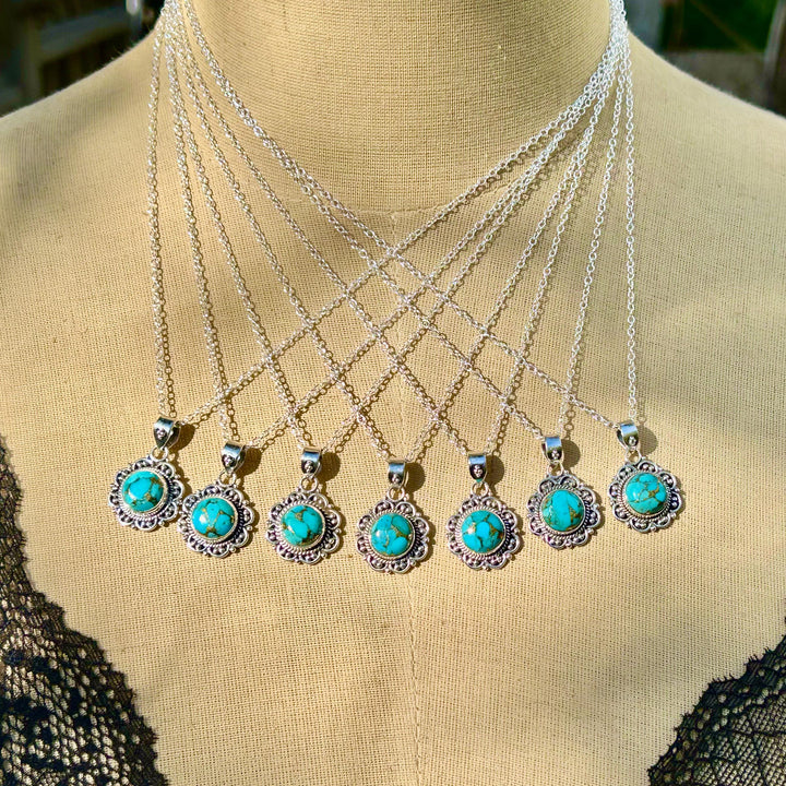 Dainty Copper Turquoise Necklace: Sterling Silver Scrollwork Pendant