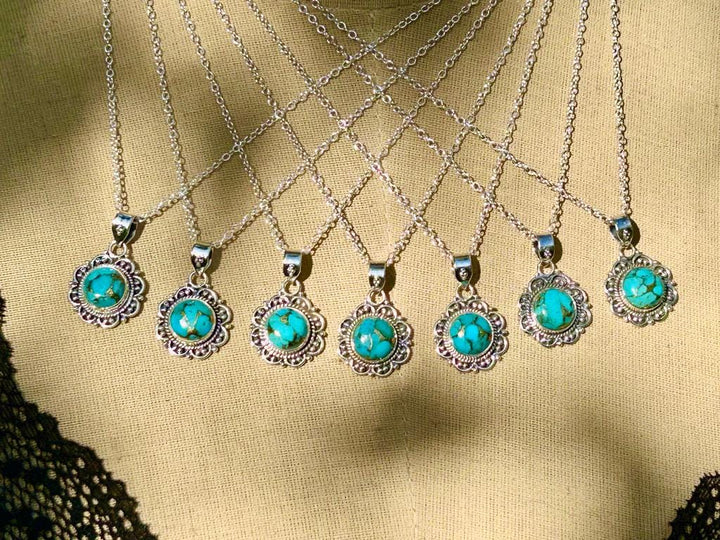 Dainty Copper Turquoise Necklace: Sterling Silver Scrollwork Pendant