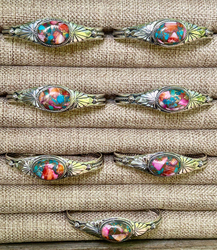 Turquoise Rainbow Spiny Bracelet Cuff  Sterling Silver Pink Dalia Adjustable Southwestern Design Gift for Her