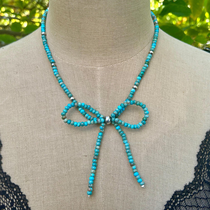 Turquoise Bow Necklace: Sterling Silver Rondelle Turquoise Beads, Handmade