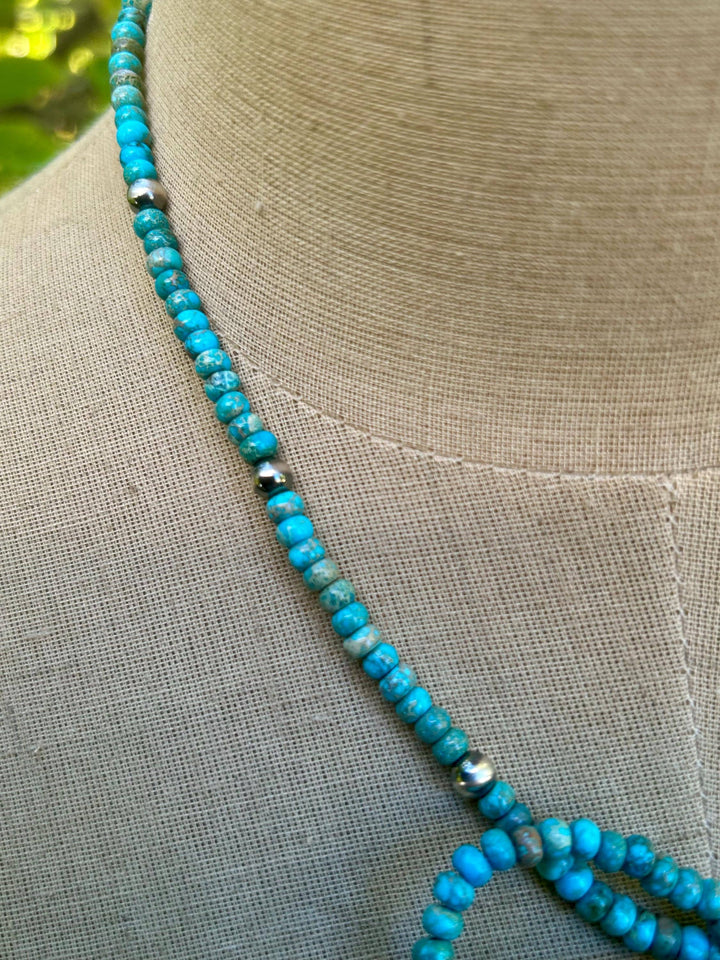 Turquoise Bow Necklace: Sterling Silver Rondelle Turquoise Beads, Handmade