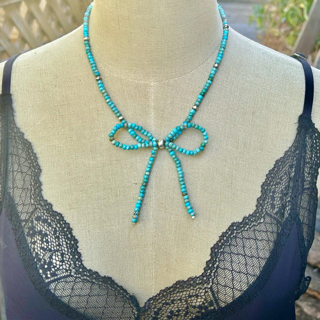 Turquoise Bow Necklace: Sterling Silver Rondelle Turquoise Beads, Handmade