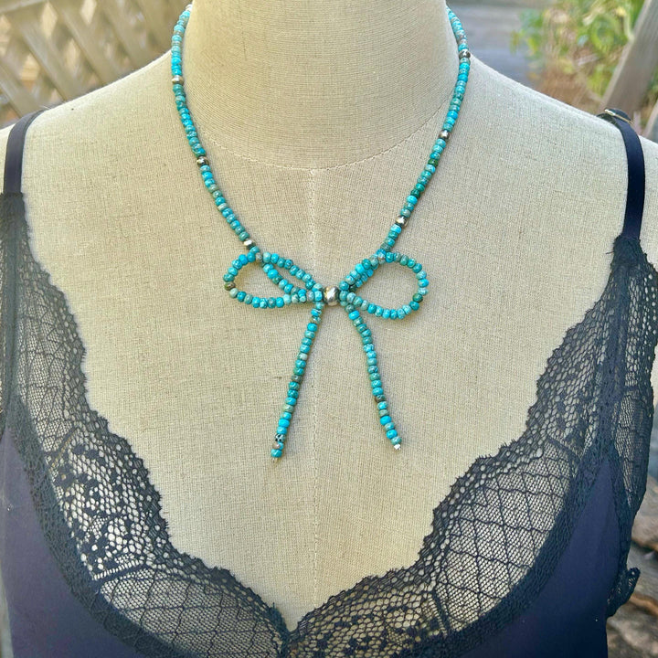 Turquoise Bow Necklace: Sterling Silver Rondelle Turquoise Beads, Handmade
