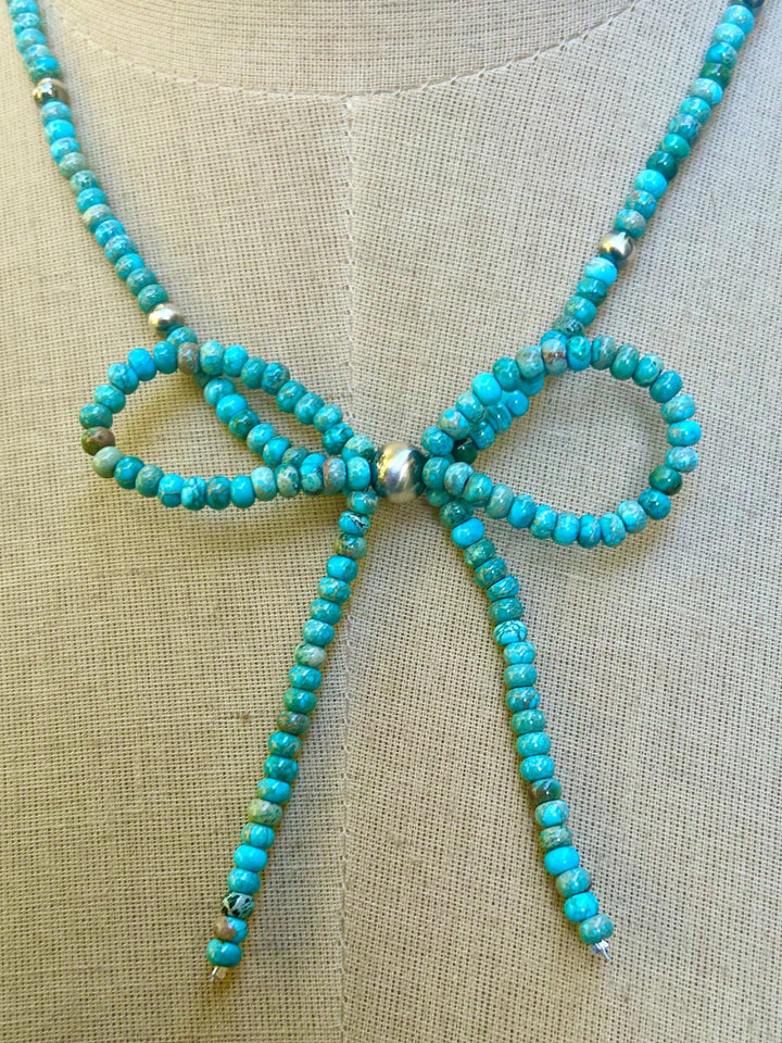 Turquoise Bow Necklace: Sterling Silver Rondelle Turquoise Beads, Handmade