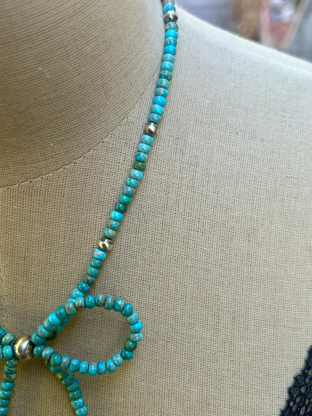 Turquoise Bow Necklace: Sterling Silver Rondelle Turquoise Beads, Handmade
