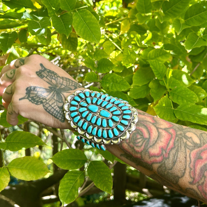 Turquoise Cluster Cuff Sterling Silver Signed Artist Native Made Turquoise Cluster Cuff Petit Point  Cluster Bracelet Turquoise Bracelet