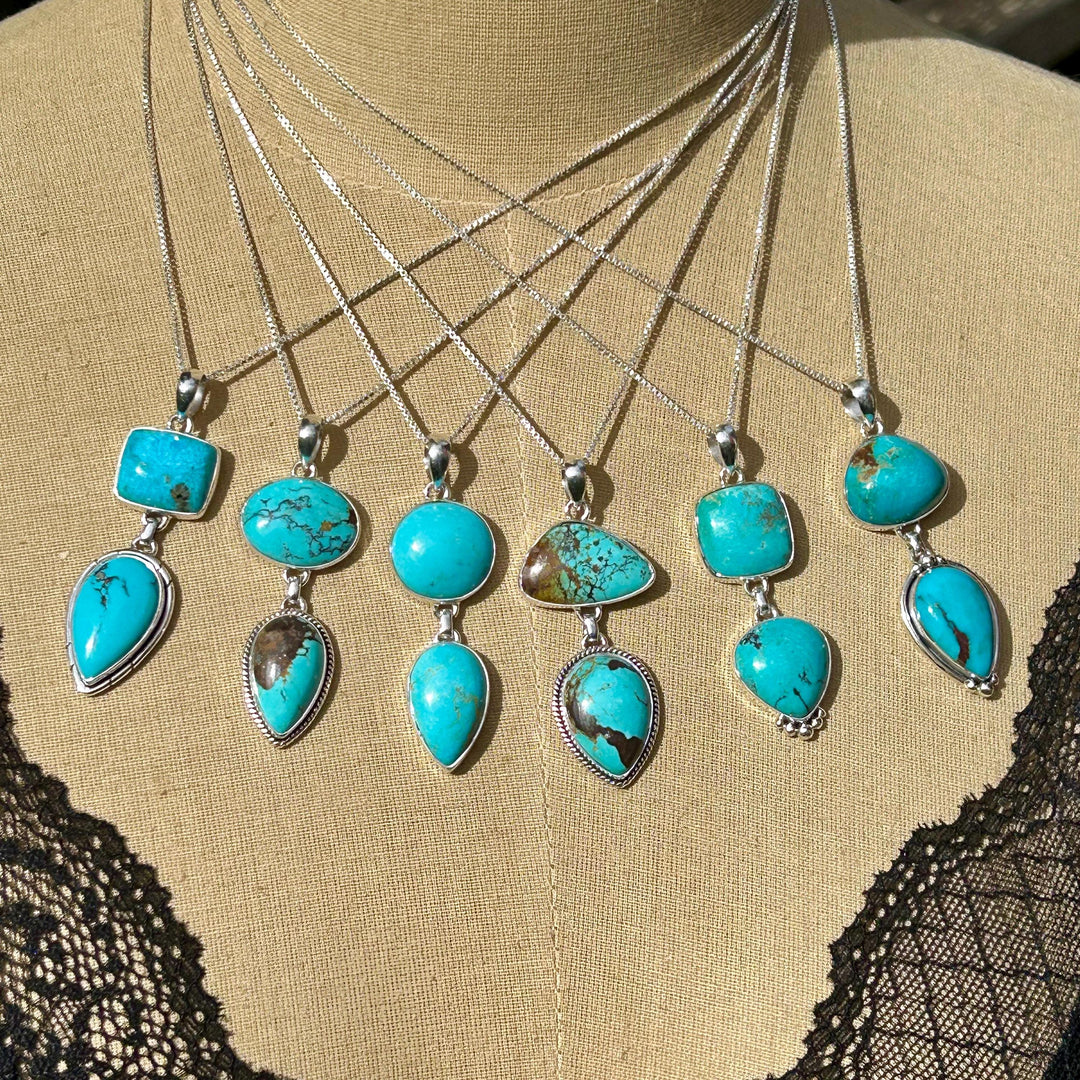 Genuine Kingman Turquoise Sterling Silver Two Stone Necklace Arizona Turquoise and Sterling Silver