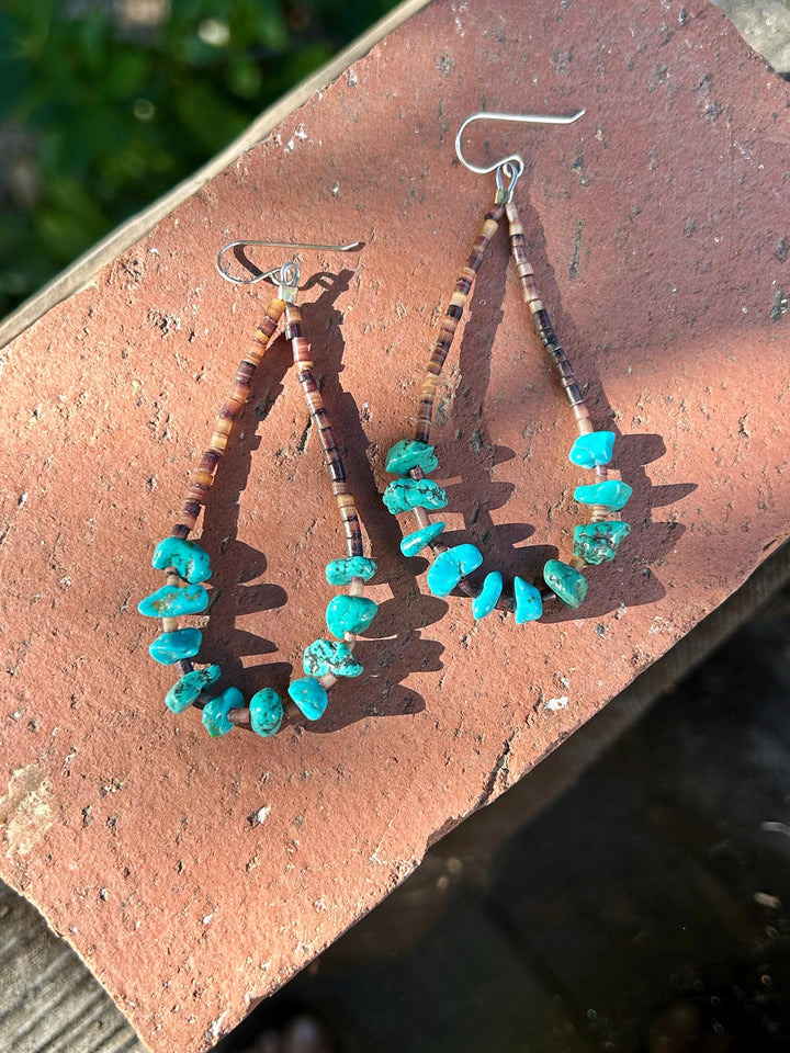 Navajo Blue Turquoise and Brown Lip Heishi Long Earrings Handcrafted Turquoise and Heishi Hoops Native Made