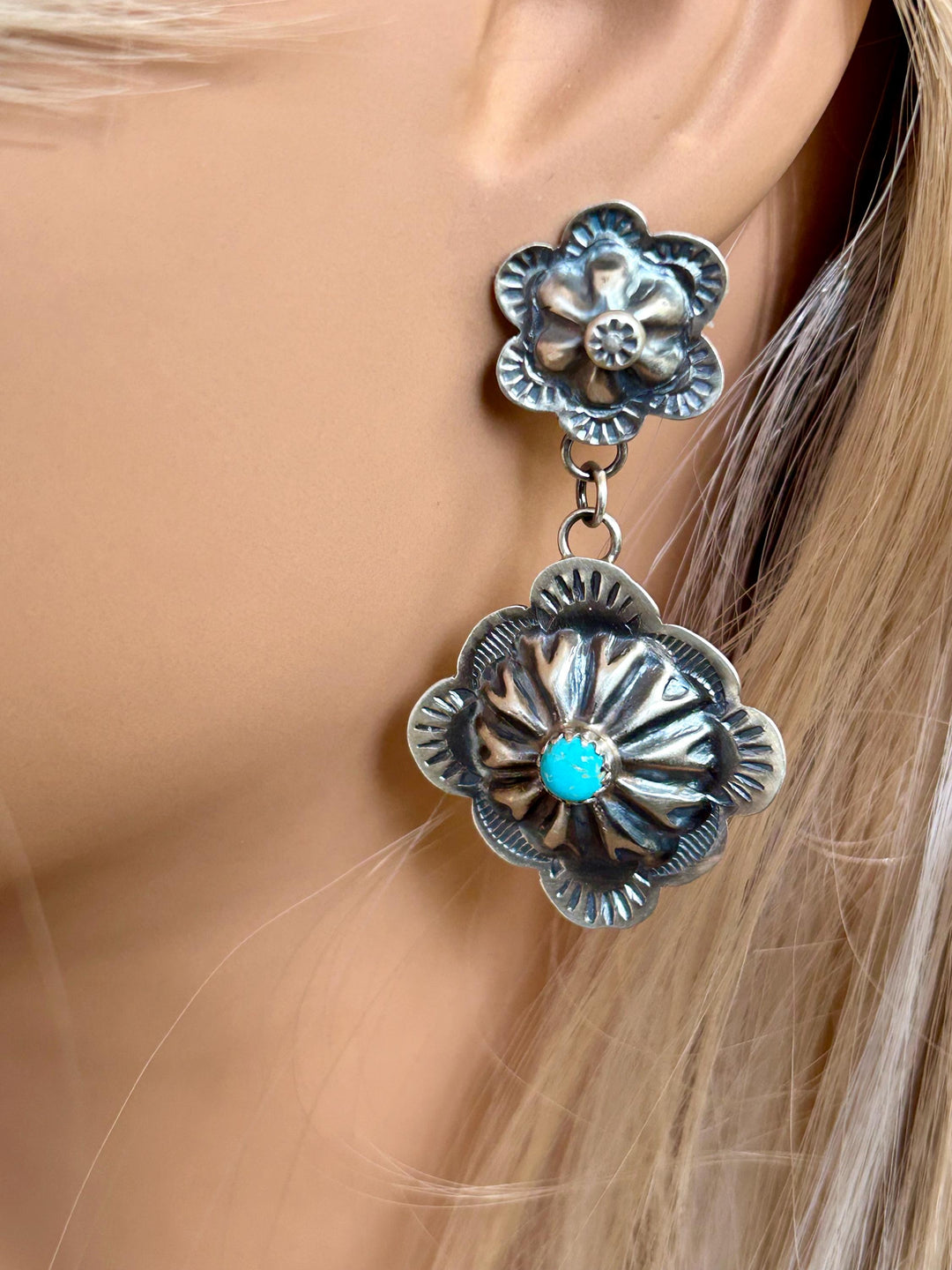 Turquoise Sterling Silver Navajo Earrings – Signed GY, Native American Jewelry