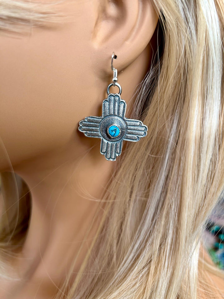 Turquoise Sterling Silver Zia Earrings: Vintage Southwestern Jewelry