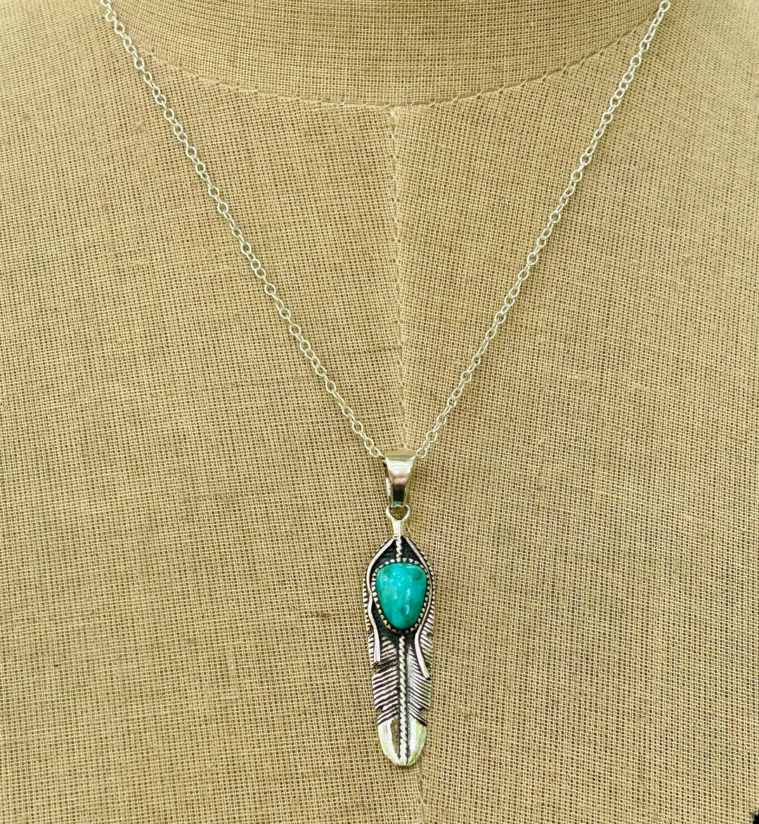 Turquoise Feather Necklace: Sterling Silver Pendant, Beachy Surf Style