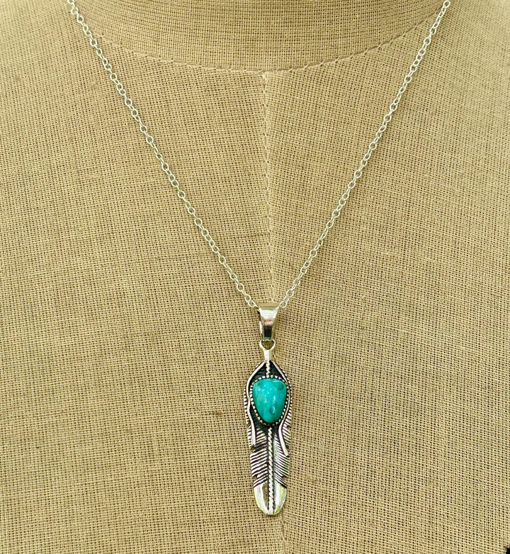 Turquoise Feather Necklace: Sterling Silver Pendant, Beachy Surf Style