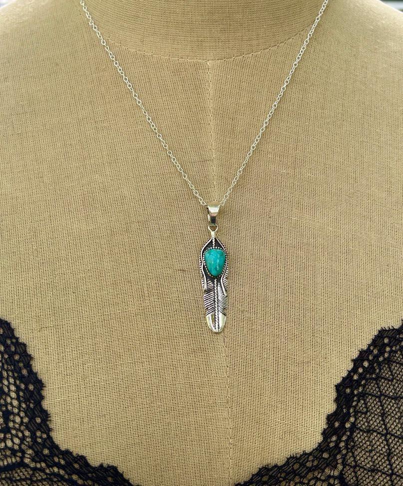 Turquoise Feather Necklace: Sterling Silver Pendant, Beachy Surf Style