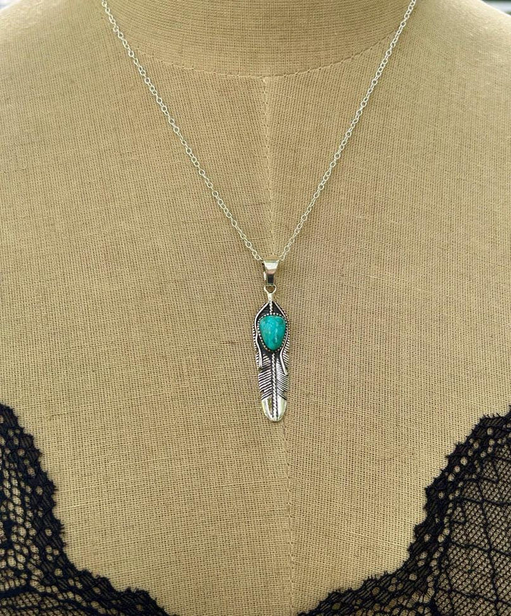 Turquoise Feather Necklace: Sterling Silver Pendant, Beachy Surf Style